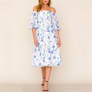 NWT Yumi Kim Puff Sleeve Off-Shoulder Broadway Lilac Floral Midi Dress